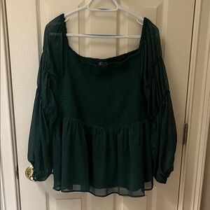 ARULA Dark Green Blouse with Sheer Sleeves